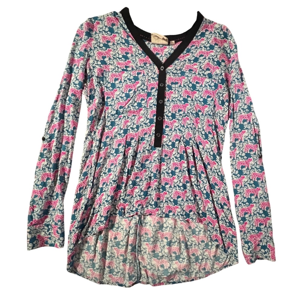Vanessa Virginia Anthropologie Tunic Womens 0 Teal Pink Tiger Print High Low Top